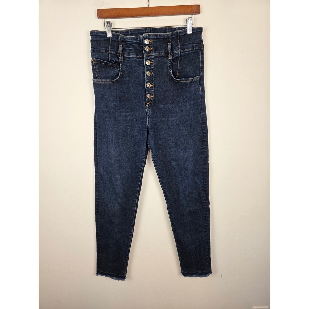 Veronica Beard Keith Corset High Rise Button Fly Skinny Jeans Dark Slate Size 32